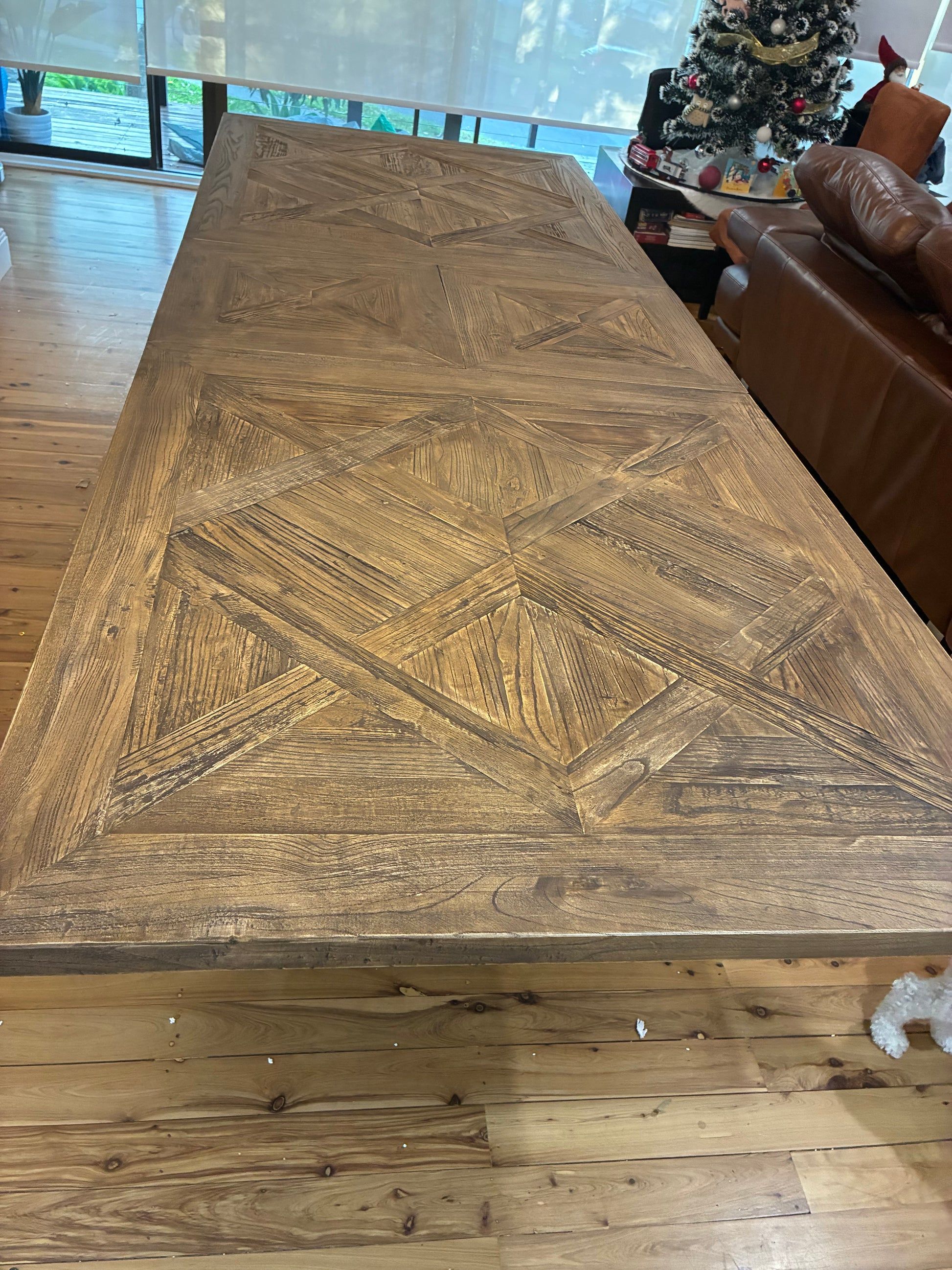 HARLOW PARQUET RECLAIMED ELM DOUBLE EXTENSION DINING TABLE WITH PEDESTAL BASE 210/260/310CM NATURAL ELM - MyChocolateWood