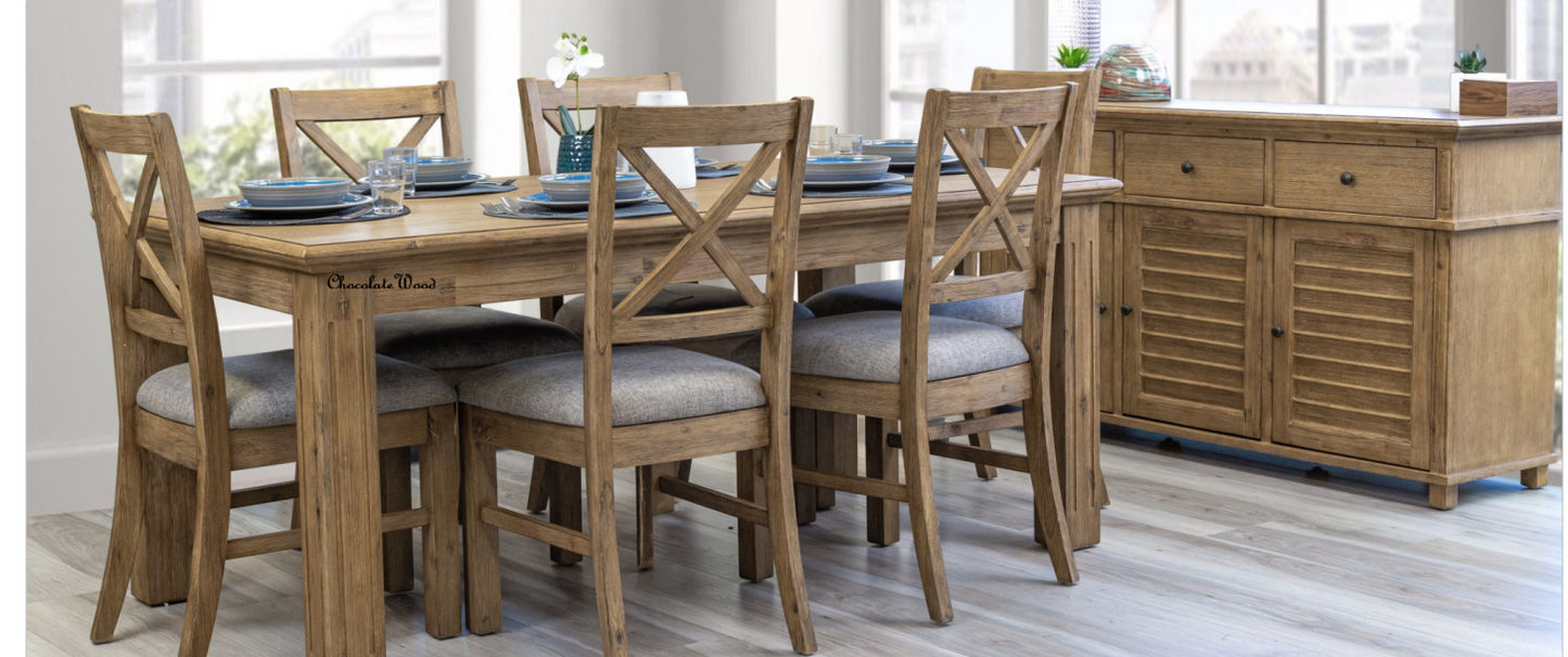 Devonshire Acacia Timber 7-piece dining set with 180cm table and six brushed khaki dining chairs by MyChocolateWood.