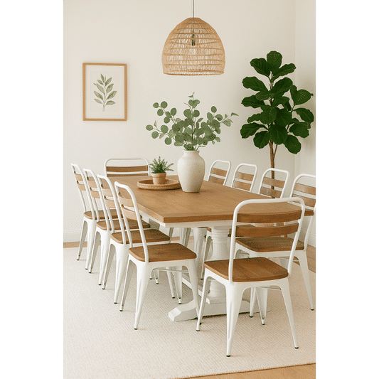 JOSHI RUSTIC ARMLESS SIDE CHAIR WHITE STEEL FRAME WITH MANGO WOOD SEAT & SUPPORTS - MyChocolateWood