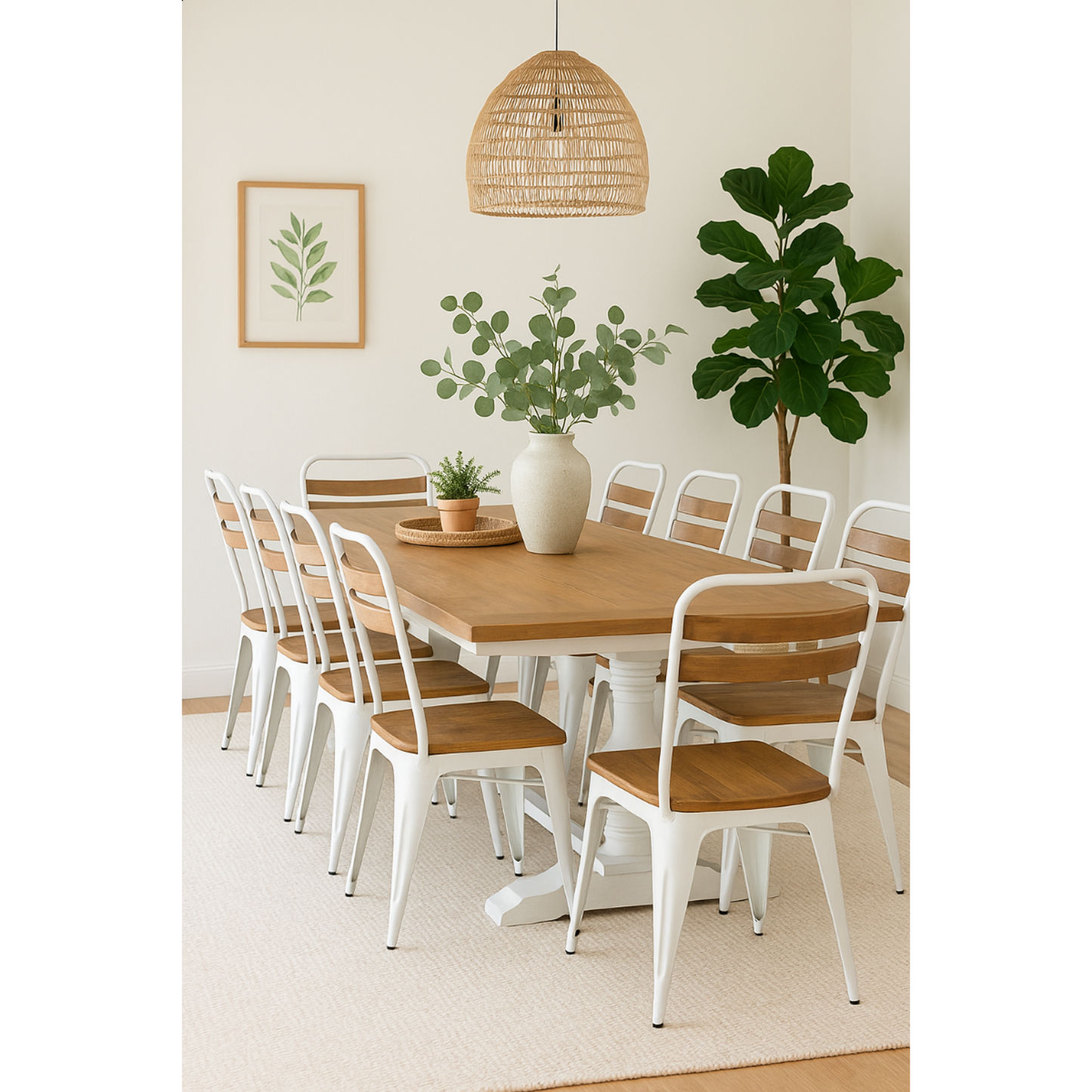 JOSHI RUSTIC ARMLESS SIDE CHAIR WHITE STEEL FRAME WITH MANGO WOOD SEAT & SUPPORTS