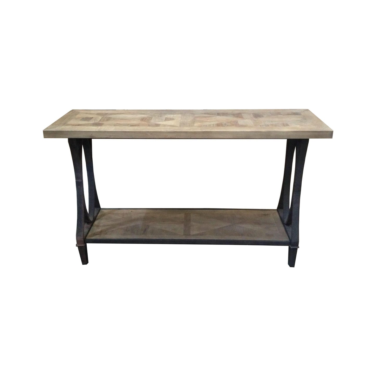 BECK RECYCLED ELM RUSTIC CONSOLE/HALL TABLE PARQUETRY TOP BLACK IRON BASE - MyChocolateWood