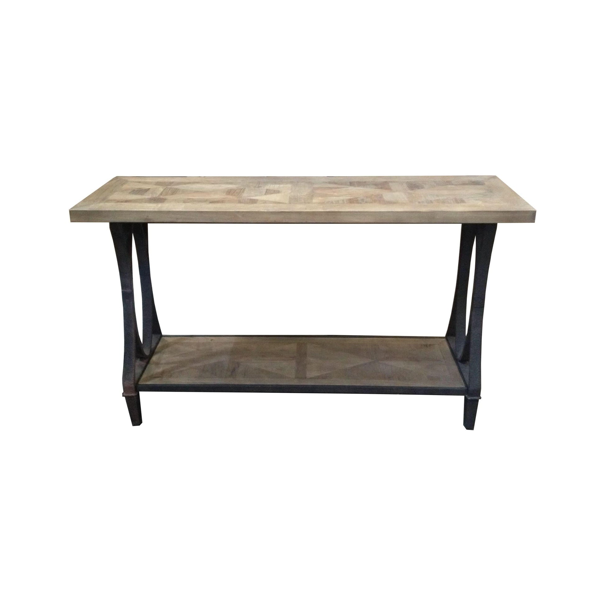 BECK RECYCLED ELM RUSTIC CONSOLE/HALL TABLE PARQUETRY TOP BLACK IRON BASE - MyChocolateWood