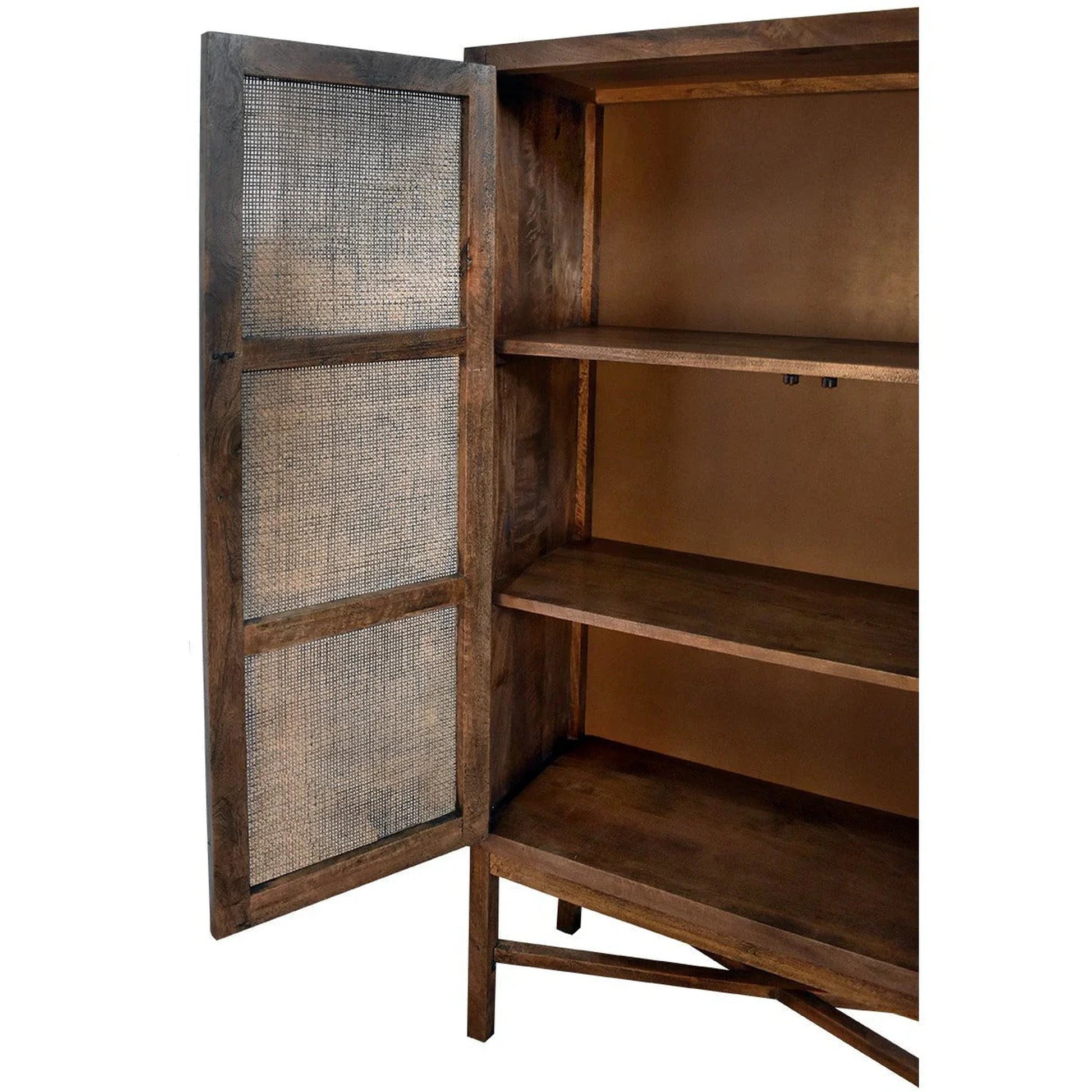 Chocolate Wood Eldridge solid mango wood tall cupboard cabinet in honey brown with doors and shelves, wall-mounted storage unit.