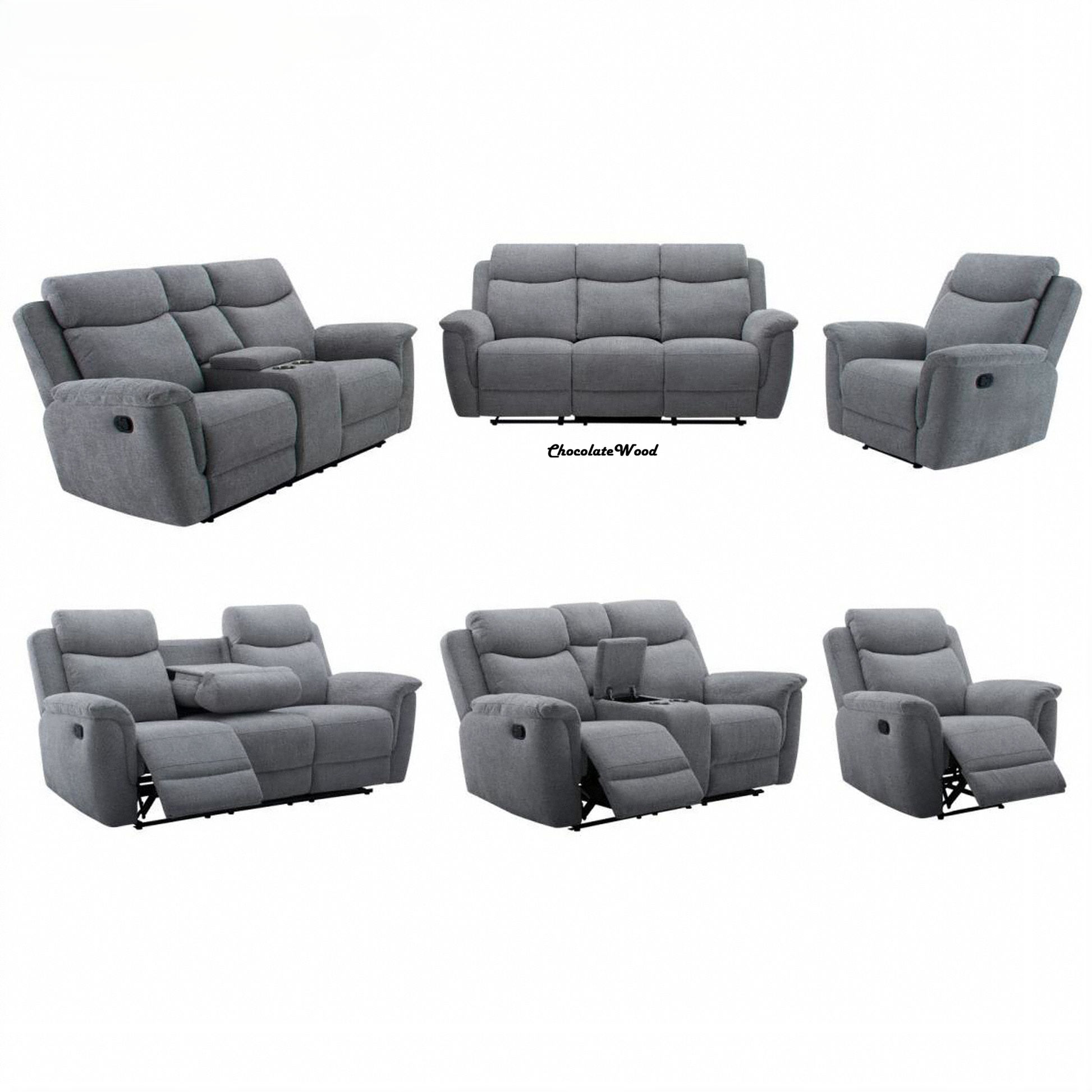 Kallea Fabric 2-Seater Manual Recliner Sofa - Steel - Chocolate Wood