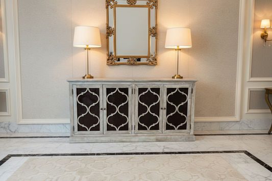 REINA GREYWASHED RECYCLED TIMBER/HERITAGE METAL 4-DOOR BUFFET/SIDEBOARD - MyChocolateWood