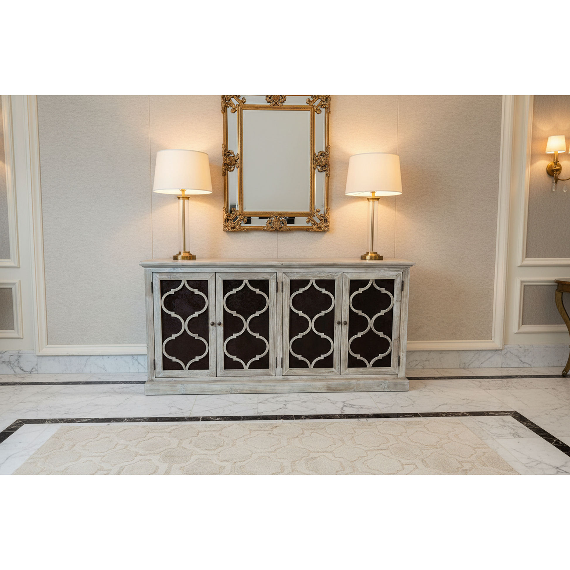 Reina Greywashed Recycled Timber 4-Door Buffet with Heritage Metal Panels - Chocolate Wood