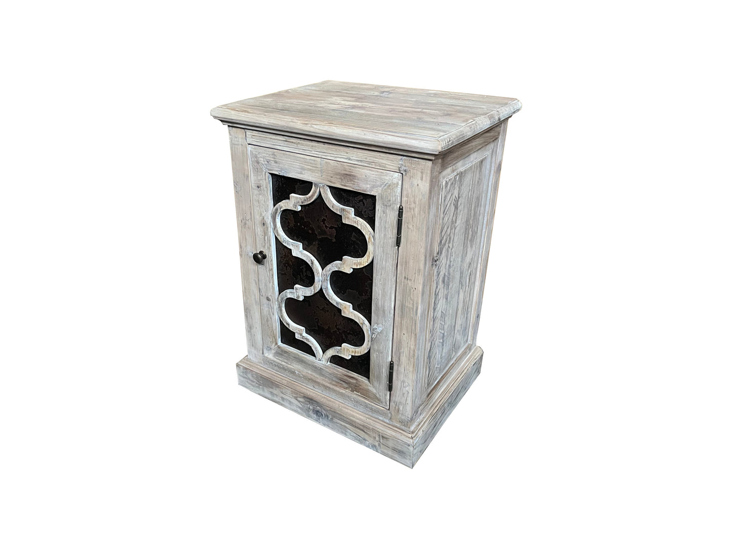 REINA GREYWASHED RECYCLED TIMBER/HERITAGE METAL 1-DOOR BEDSIDE TABLE/CABINET - MyChocolateWood
