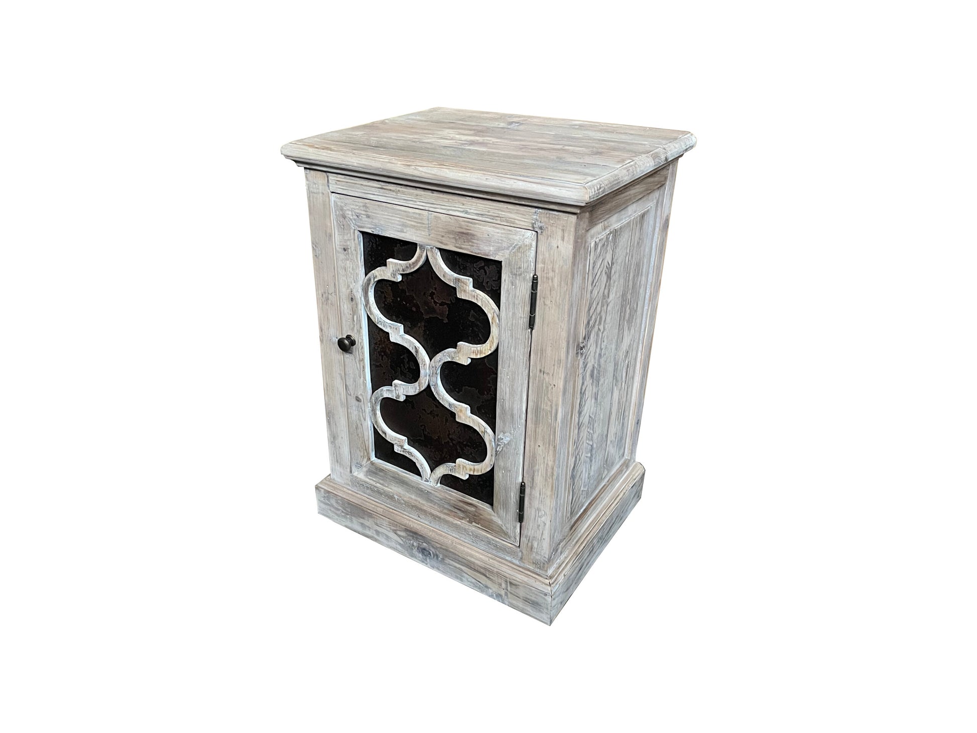 REINA GREYWASHED RECYCLED TIMBER/HERITAGE METAL 1-DOOR BEDSIDE TABLE/CABINET - MyChocolateWood