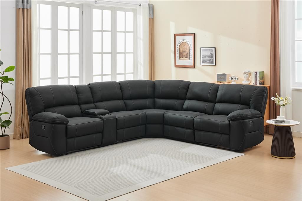 VERNON MKII RHINO FABRIC CORNER MODULAR WITH BOTH END RECLINERS - ONYX  - MyChocolateWood