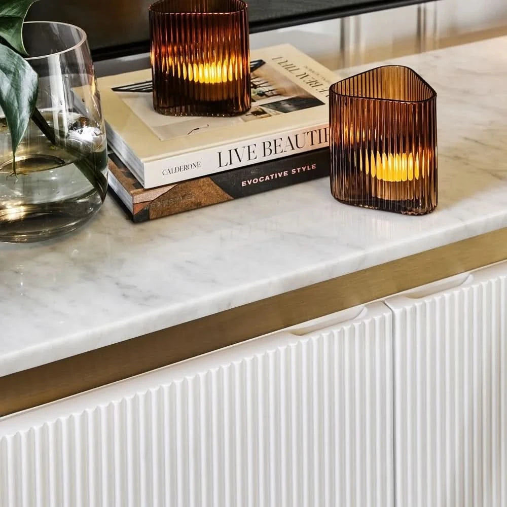 DENEUVE 3 DOOR BUFFET/SIDEBOARD WHITE WITH CARRARA MARBLE TOP - MyChocolateWood