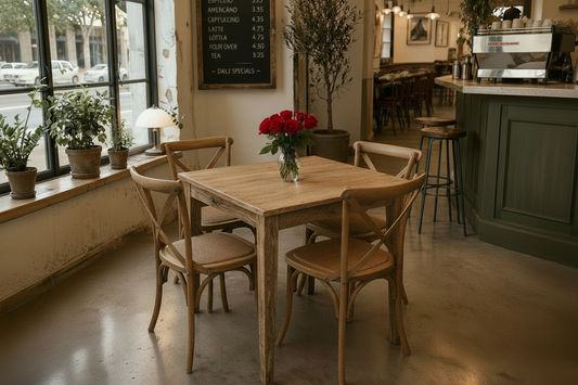 TARA SOLID OAK SQUARE DINING TABLE (90 X 90) NATURAL + 4 MELROSE SOLID OAK CROSSBACK CHAIRS NATURAL (Copy) - MyChocolateWood