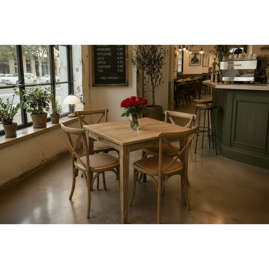TARA SOLID OAK SQUARE DINING TABLE (90 X 90) NATURAL + 4 MELROSE SOLID OAK CROSSBACK CHAIRS NATURAL (Copy) - MyChocolateWood