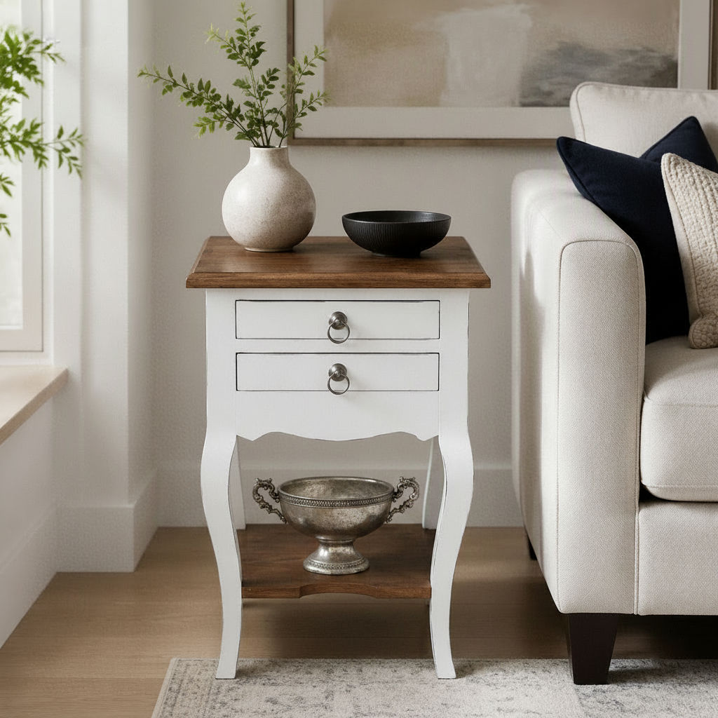 Astrid Quality Mahogany 2-Drawer Antique Side Table/Lamp Table White/Natural