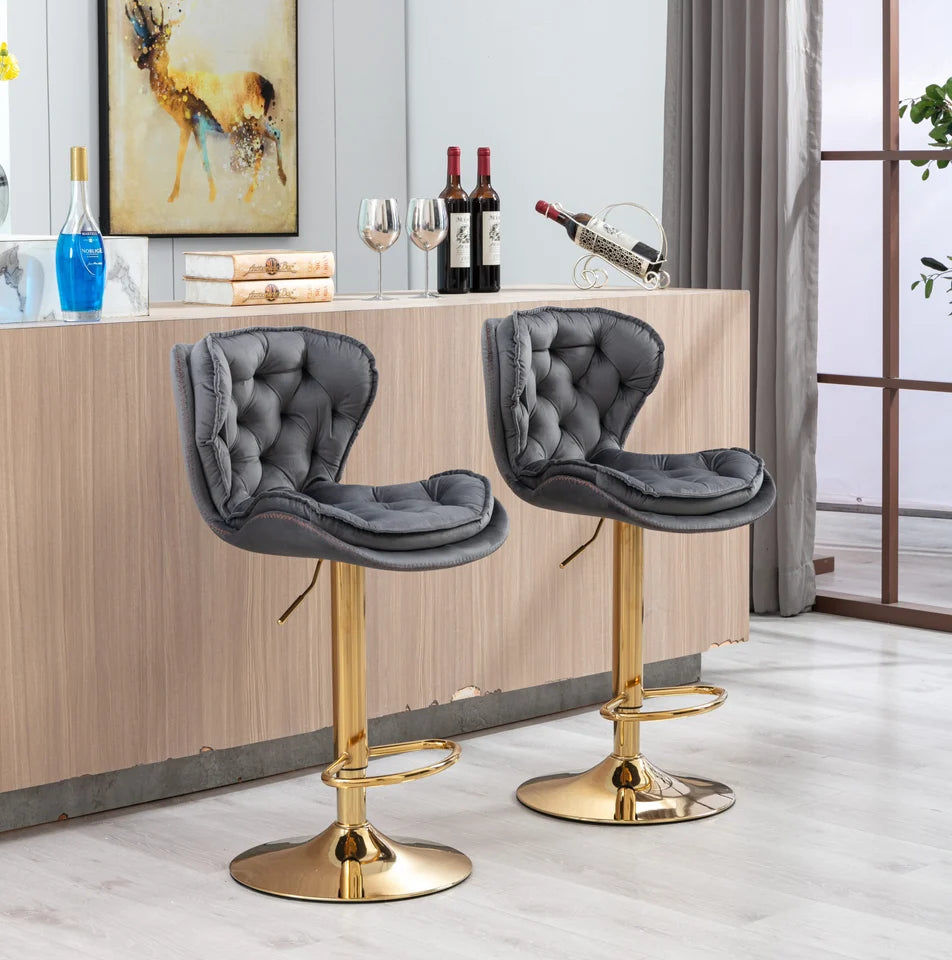 Bassey Plush Velvet Grey & Gold Gas Lift Swivel Bar Stool