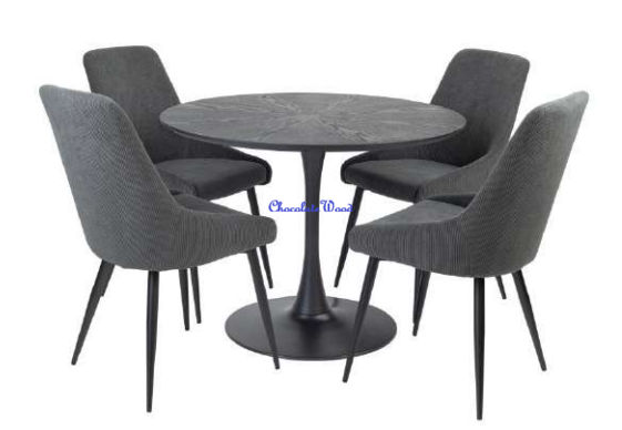 ALBERGE ROUND MARBLE-LOOK GLASS TOP DINING TABLE ON PEDESTAL METAL BASE BLACK - MyChocolateWood