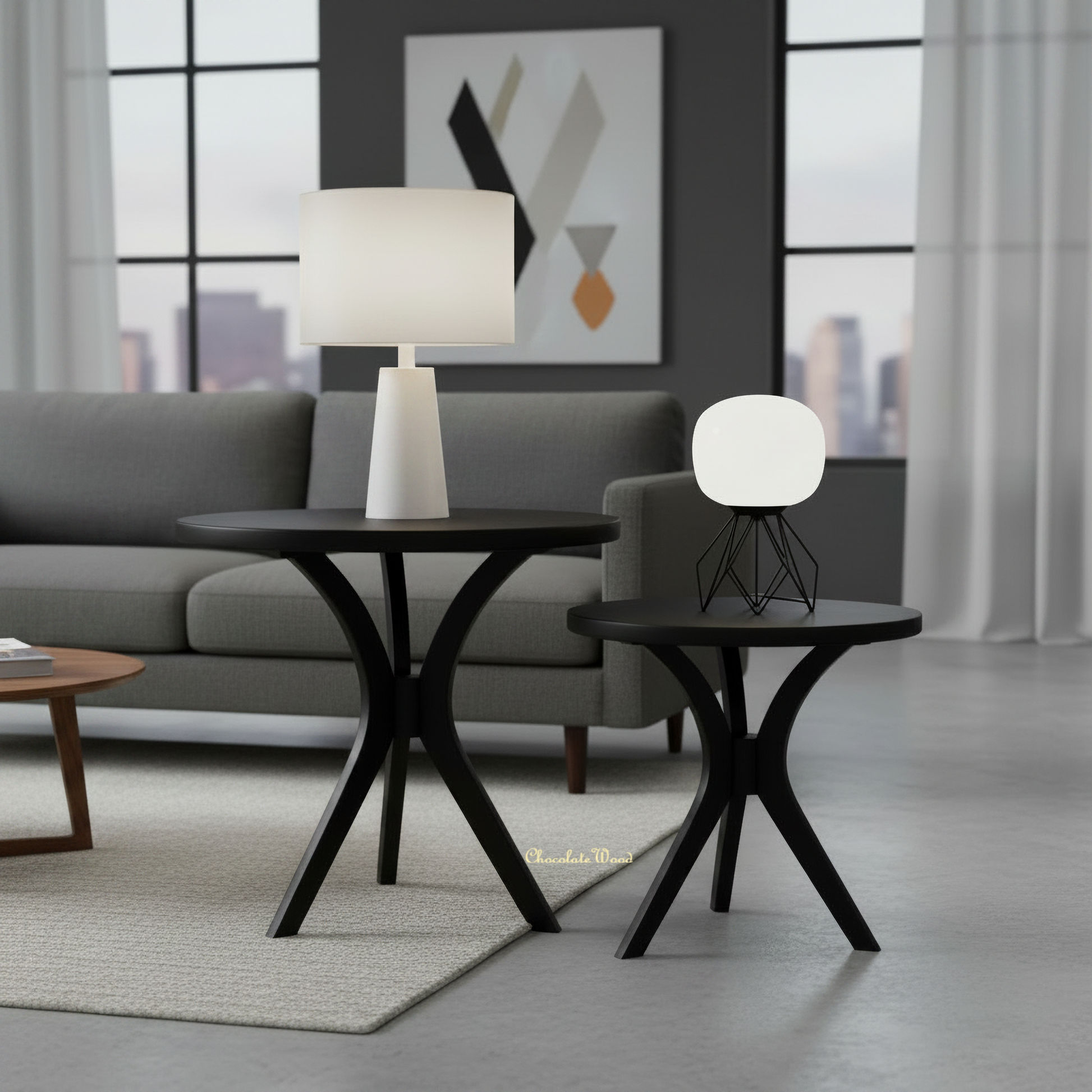 Gatsby Solid Mindi Timber Round Side Table / Lamp Table Set in Black - Chocolate Wood