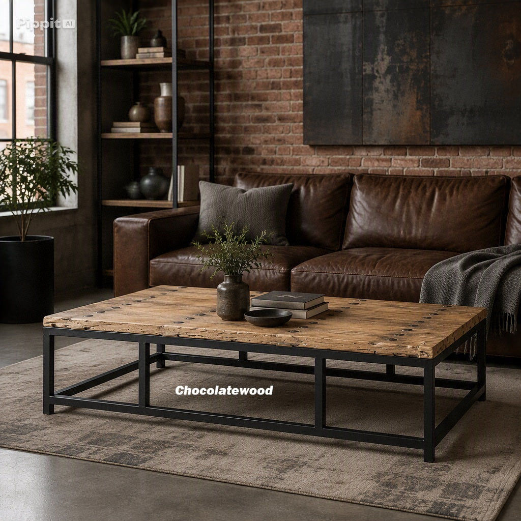 Medford Recycled Elm Wood Coffee Table/Iron Frame - Natural/Black - Industrial Style