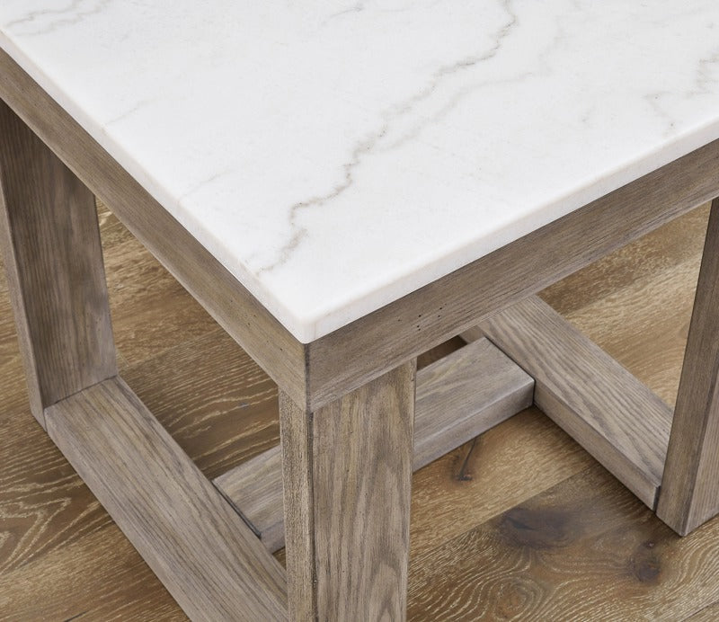 Herrington Oak Square Lamp Table in Greyish-Brown Wood Tone with Natural Marble Table Top