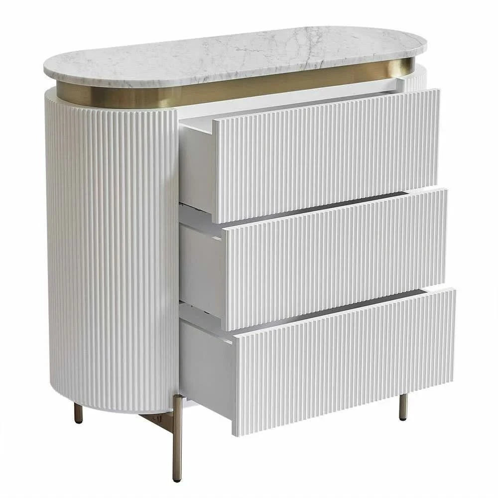 DENEUVE 3 DRAWER CHEST OF DRAWERS WHITE WITH CARRARA MARBLE TOP - MyChocolateWood