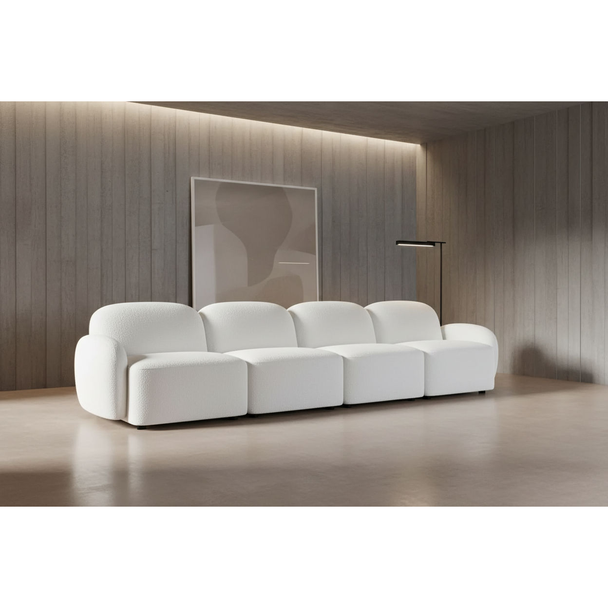 Lorelei 4-Seater Modular Chenille Sofa in White - Chocolate Wood