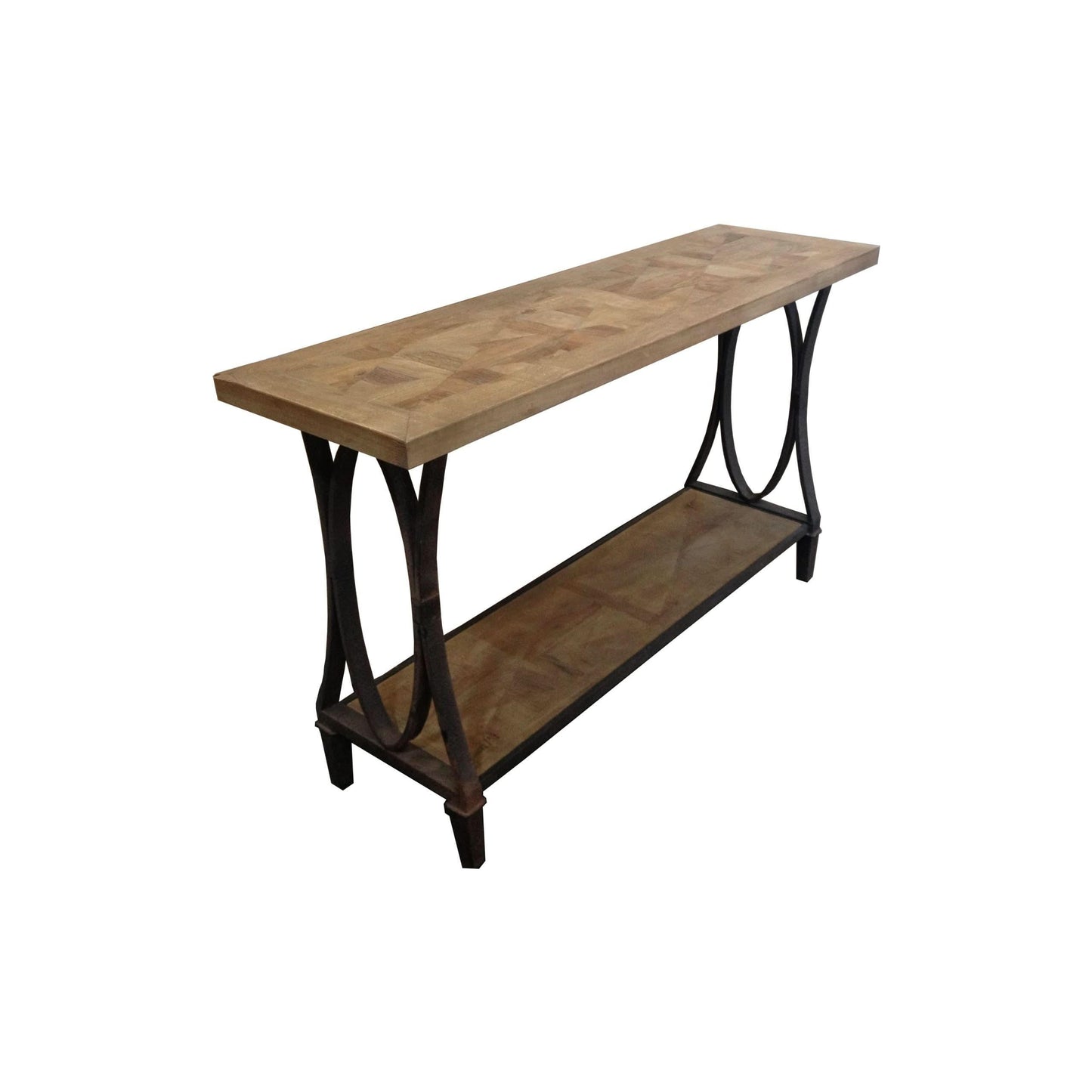 BECK RECYCLED ELM RUSTIC CONSOLE/HALL TABLE PARQUETRY TOP BLACK IRON BASE - MyChocolateWood