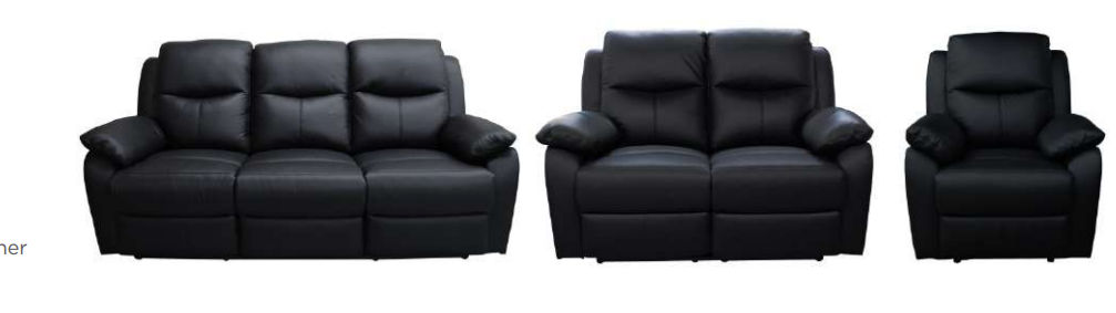 LANCY PREMIUM LEATHER 3 SEATER RECLINER SOFA + 2-SINGLE MANUAL RECLINER  ARMCHAIRS BLACK - MyChocolateWood