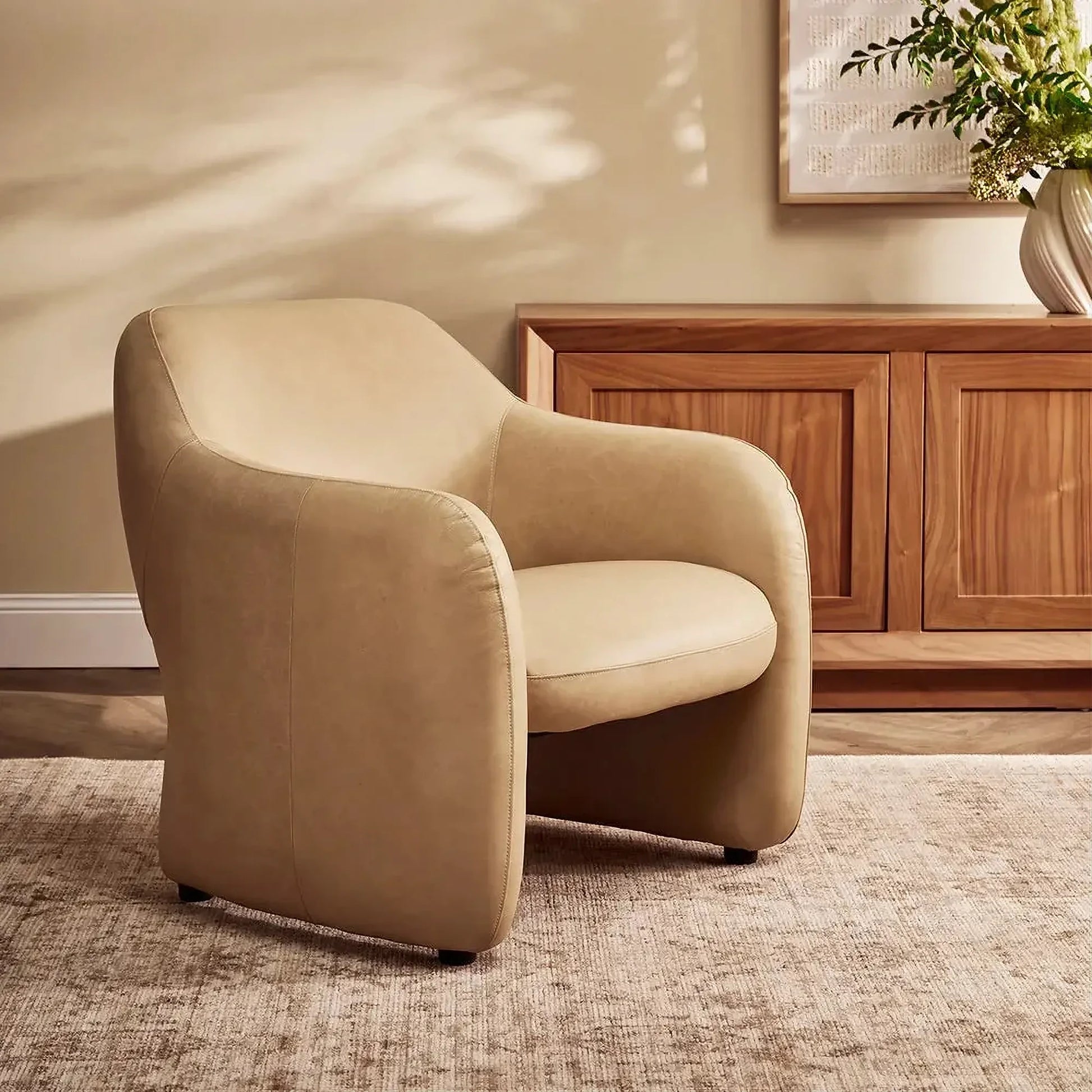 Anders Top Grain Cow Leather Armchair in Cappuccino Cream - Chocolate Wood