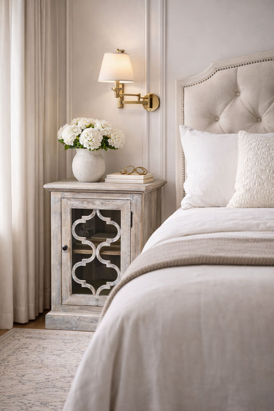 REINA GREYWASHED RECYCLED TIMBER/HERITAGE METAL 1-DOOR BEDSIDE TABLE/CABINET - MyChocolateWood