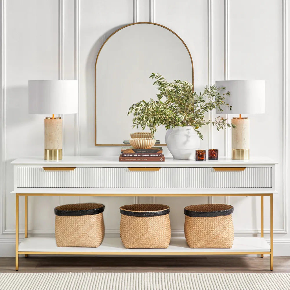 MORETTI 3-DRAWER CONSOLE TABLE/HALL TABLE SATIN WHITE  & GOLD LARGE - MyChocolateWood