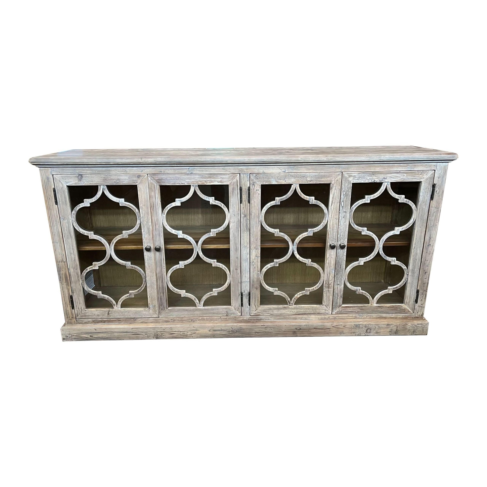 REINA GREYWASHED RECYCLED TIMBER/GLASS 4-DOOR BUFFET/SIDEBOARD - MyChocolateWood