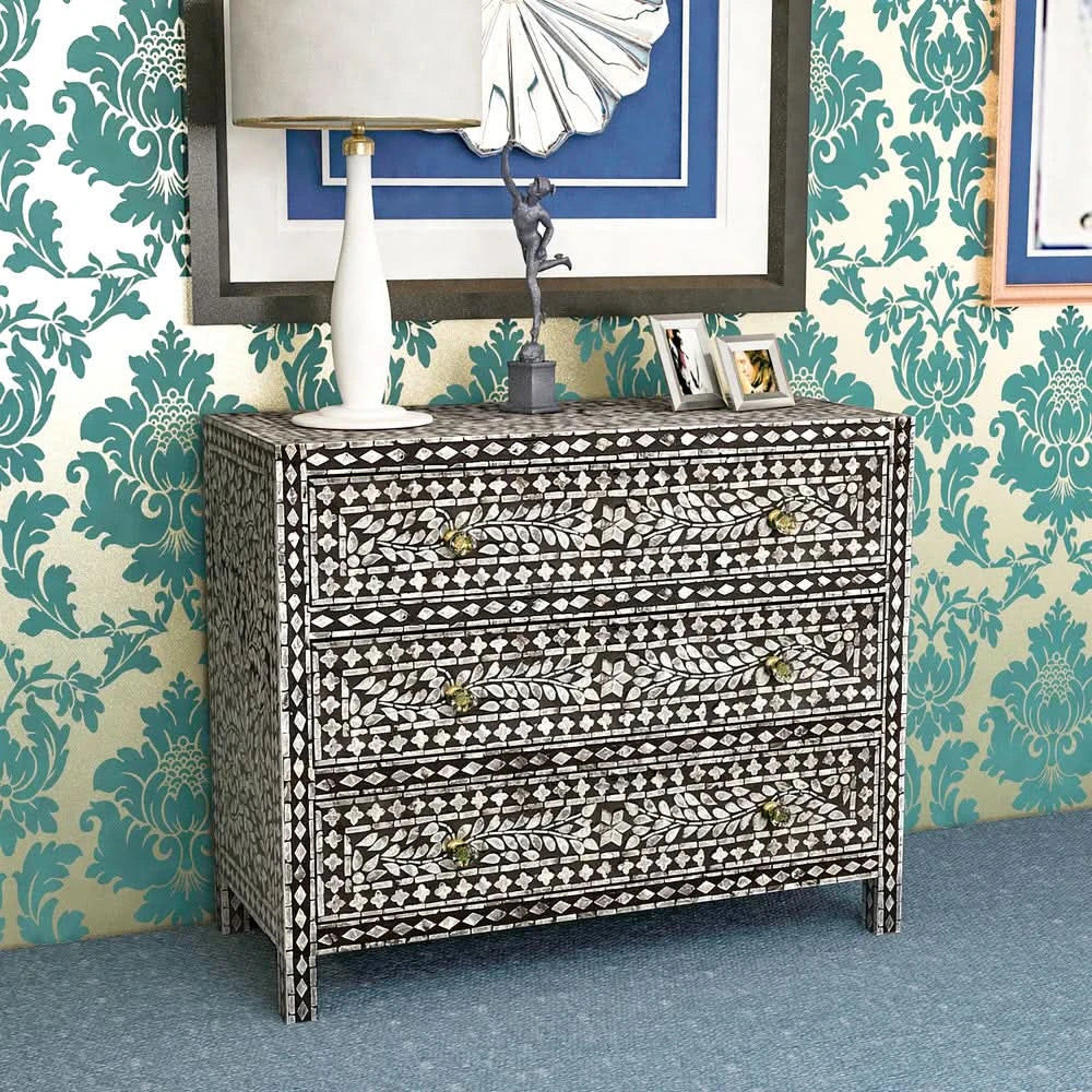 CHEVALIER MOTHER OF PEARL HAND MADE MONOCHROME CHEST OF 3 DRAWERS - MyChocolateWood