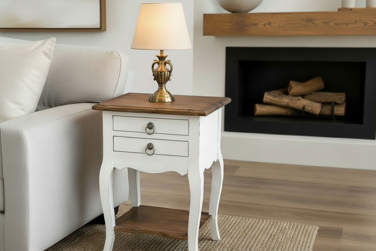 Astrid Quality Mahogany 2-Drawer Antique Side Table/Lamp Table White/Natural
