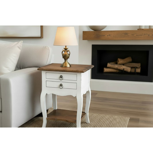 Astrid Quality Mahogany 2-Drawer Antique Side Table/Lamp Table White/Natural