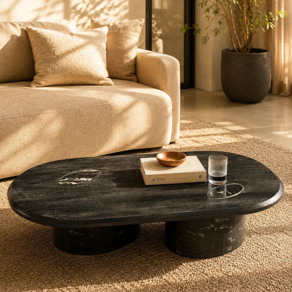 Sable Handmade Coffee Table - Mango Hardwood Top with Marble Inset Detail & Solid Marble Legs