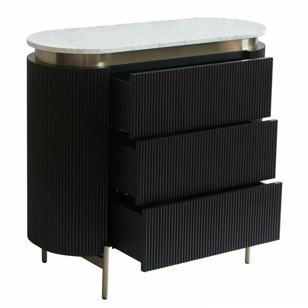 DENEUVE 3 DRAWER CHEST OF DRAWERS BLACK WITH CARRARA MARBLE TOP - MyChocolateWood