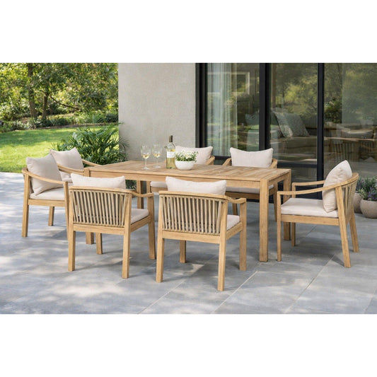 IRINI ACACIA WOOD 7-PIECE OUTDOOR DINING SET SANDBLAST COLOURED FRAME/STONE COLOURED FABRIC