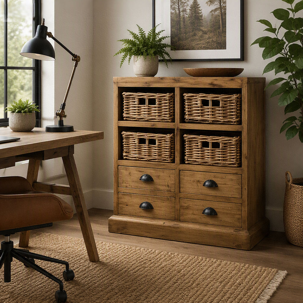 Rosalba Mahogany & Wicker Chest of 4 drawers & 4 Wicker Baskets - Natural
