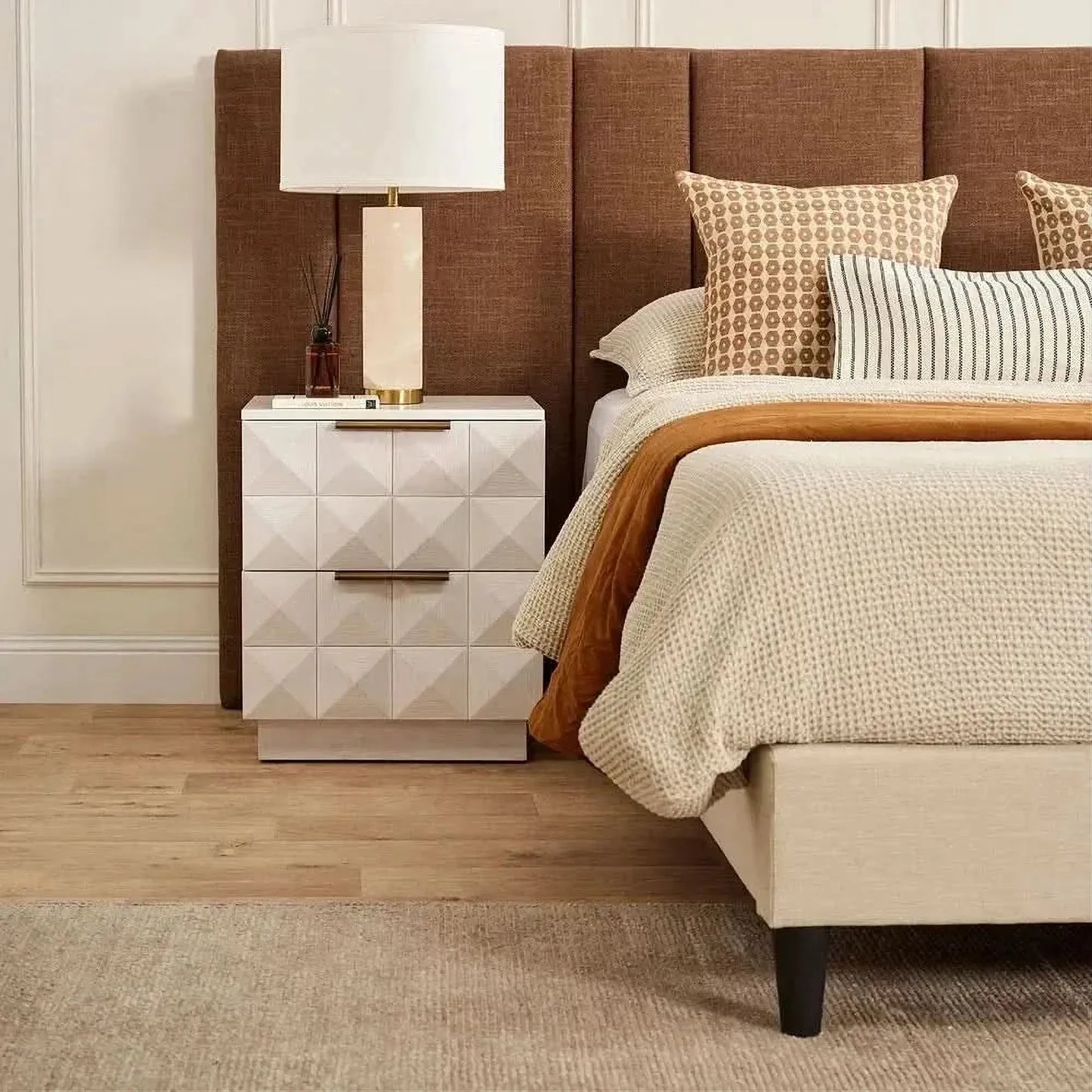 Hampshire 2-Drawer Bedside Table in White Oak with White Marble Top - Chocolate Wood