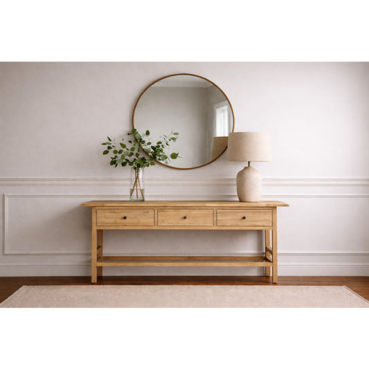 JOELLE 3-DRAWER CONSOLE TABLE/HALL TABLE DISTRESSED RUSTIC NATURAL - MyChocolateWood
