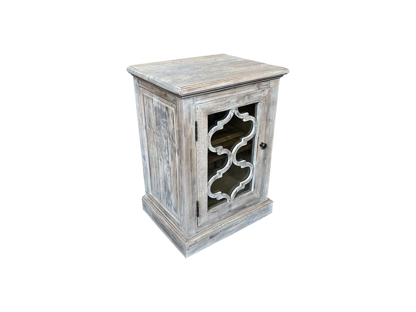 REINA GREYWASHED RECYCLED TIMBER/GLASS PANEL 1-DOOR BEDSIDE TABLE/CABINET - MyChocolateWood