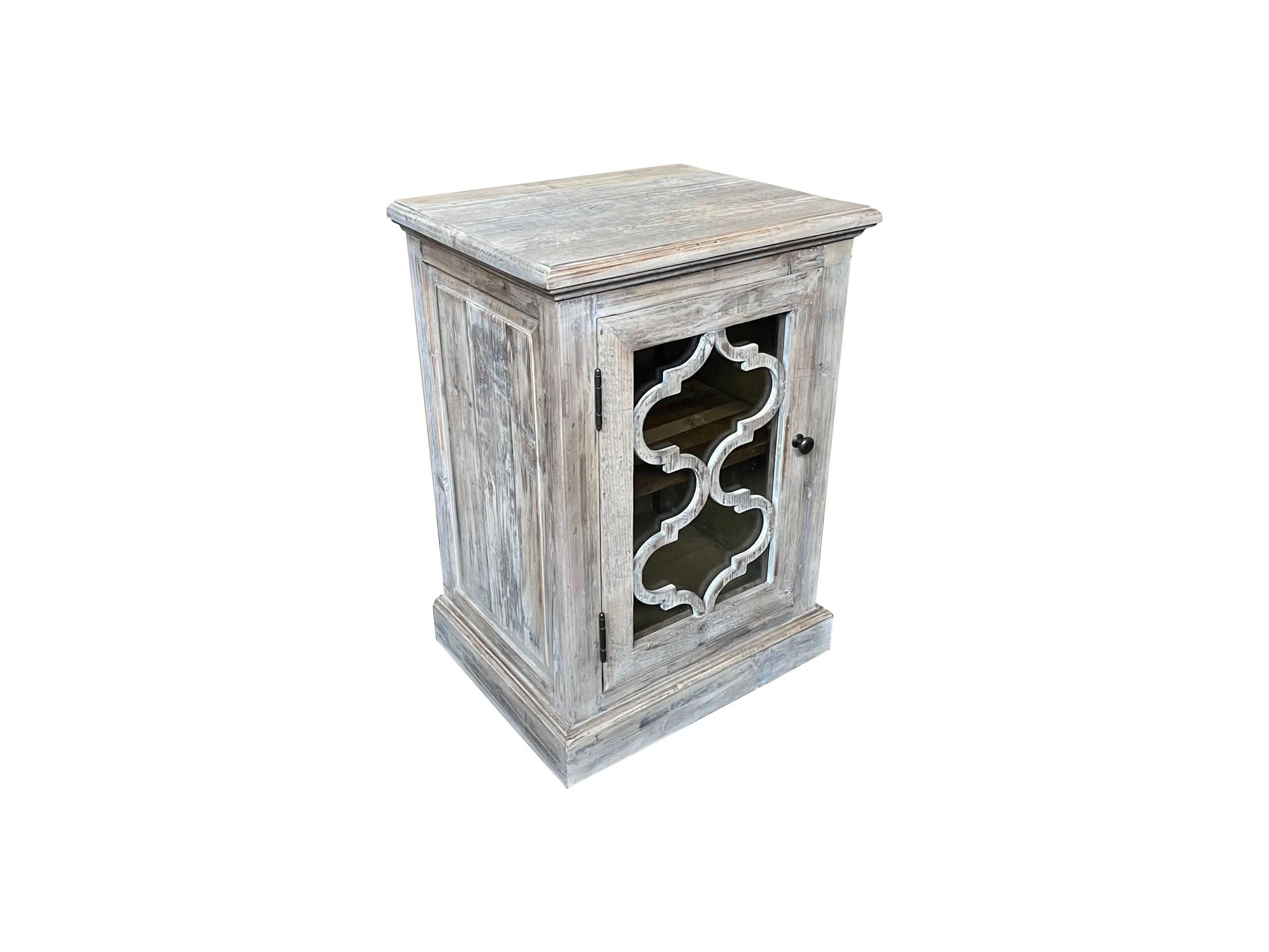REINA GREYWASHED RECYCLED TIMBER/GLASS PANEL 1-DOOR BEDSIDE TABLE/CABINET - MyChocolateWood