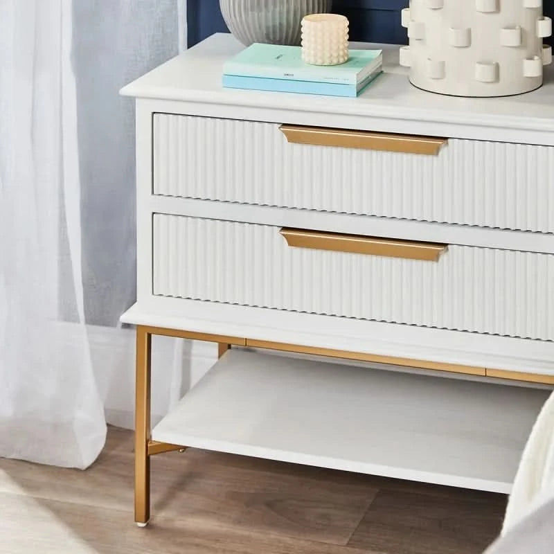 MORETTI 2-DRAWER BEDSIDE TABLE SATIN WHITE/GOLD LARGE - MyChocolateWood