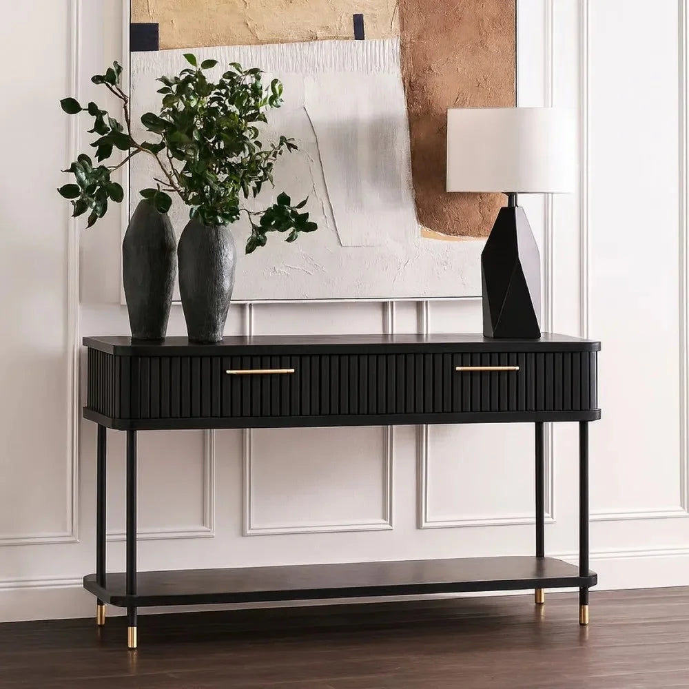 PEMBROKE OAK TIMBER 2-DRAWER CONSOLE TABLE HALL TABLE BLACK - MyChocolateWood