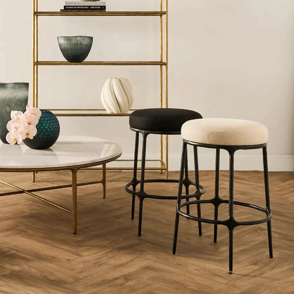 SOREN  BLACK KITCHEN STOOL - NATURAL LINEN TOP - MyChocolateWood