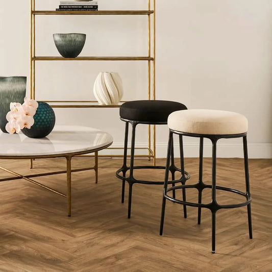 SOREN  BLACK KITCHEN STOOL - NATURAL LINEN TOP - MyChocolateWood