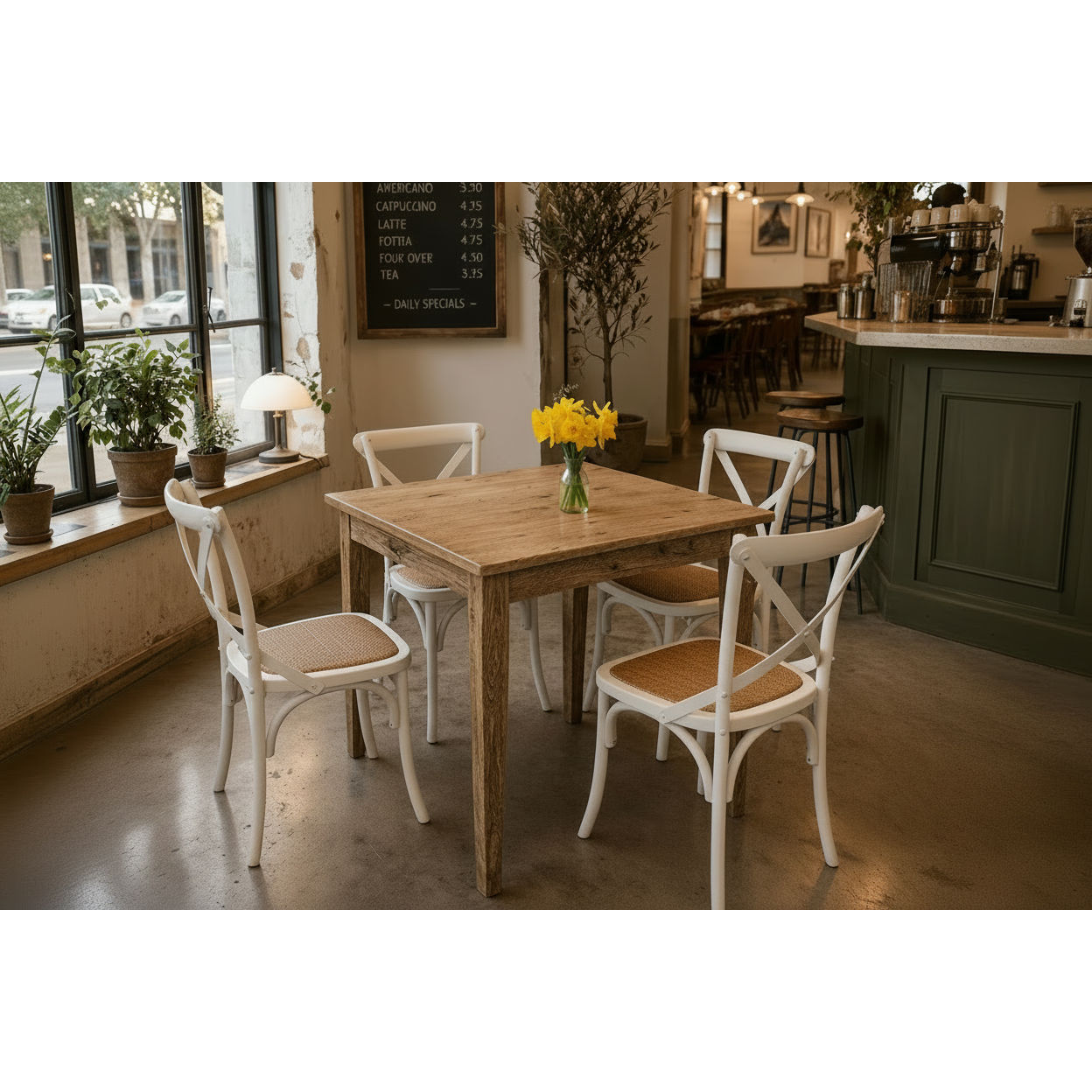Tara Square Dining Table with 4 Melrose Elmwood Crossback Chairs in White