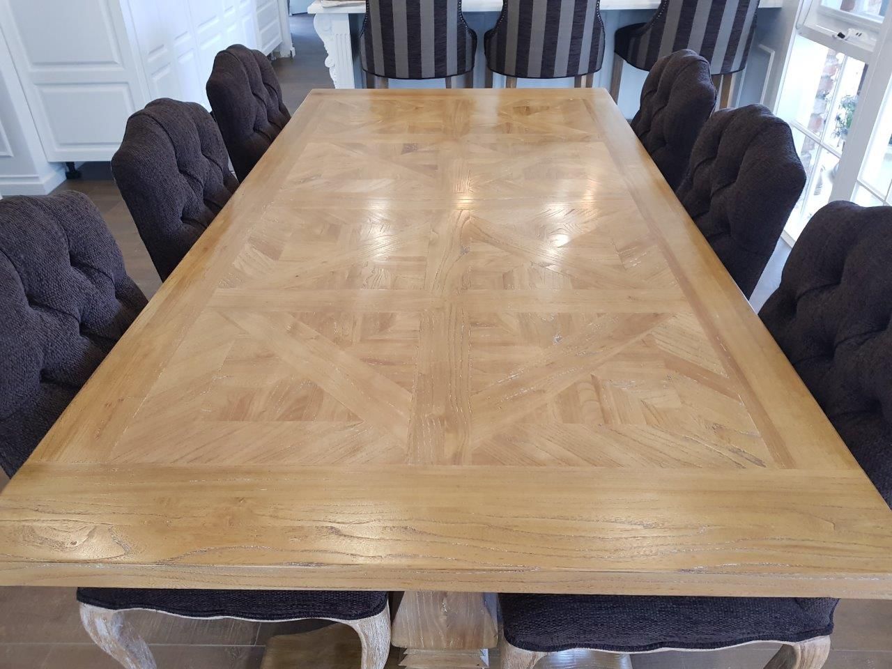 KENSIT RECYCLED ELM DINING TABLE IN 2 TONE FINISH PARQUETRY TOP 245CM - MyChocolateWood