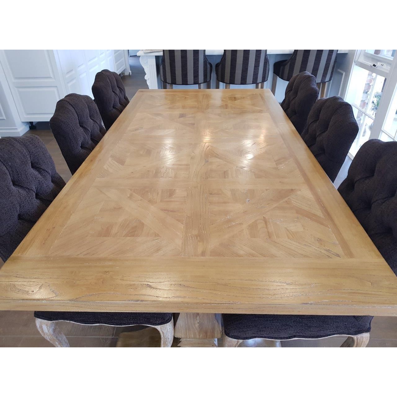Kensit Hamptons Recycled Elm Parquetry Dining Table with White Legs - Chocolate Wood