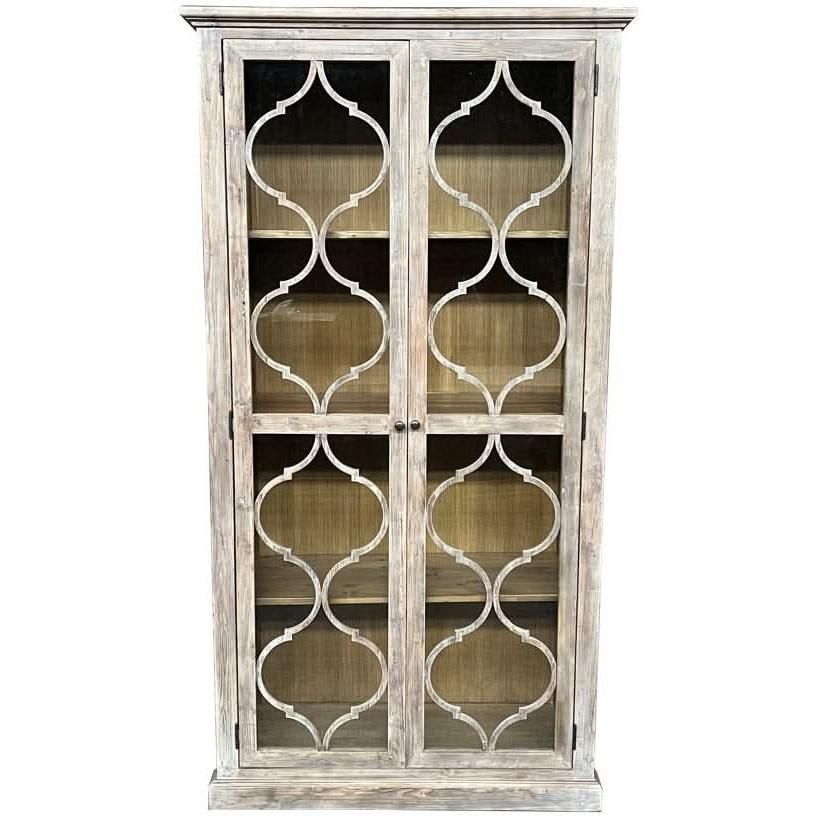 REINA GREYWASHED RECYCLED TIMBER/GLASS 2-DOOR BOOKCASE DISPLAY CABINET - MyChocolateWood