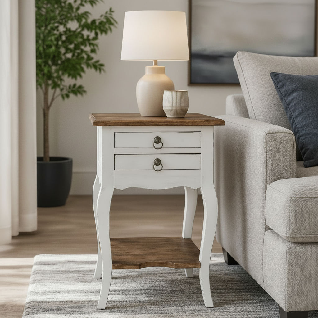 Astrid Quality Mahogany 2-Drawer Antique Side Table/Lamp Table White/Natural